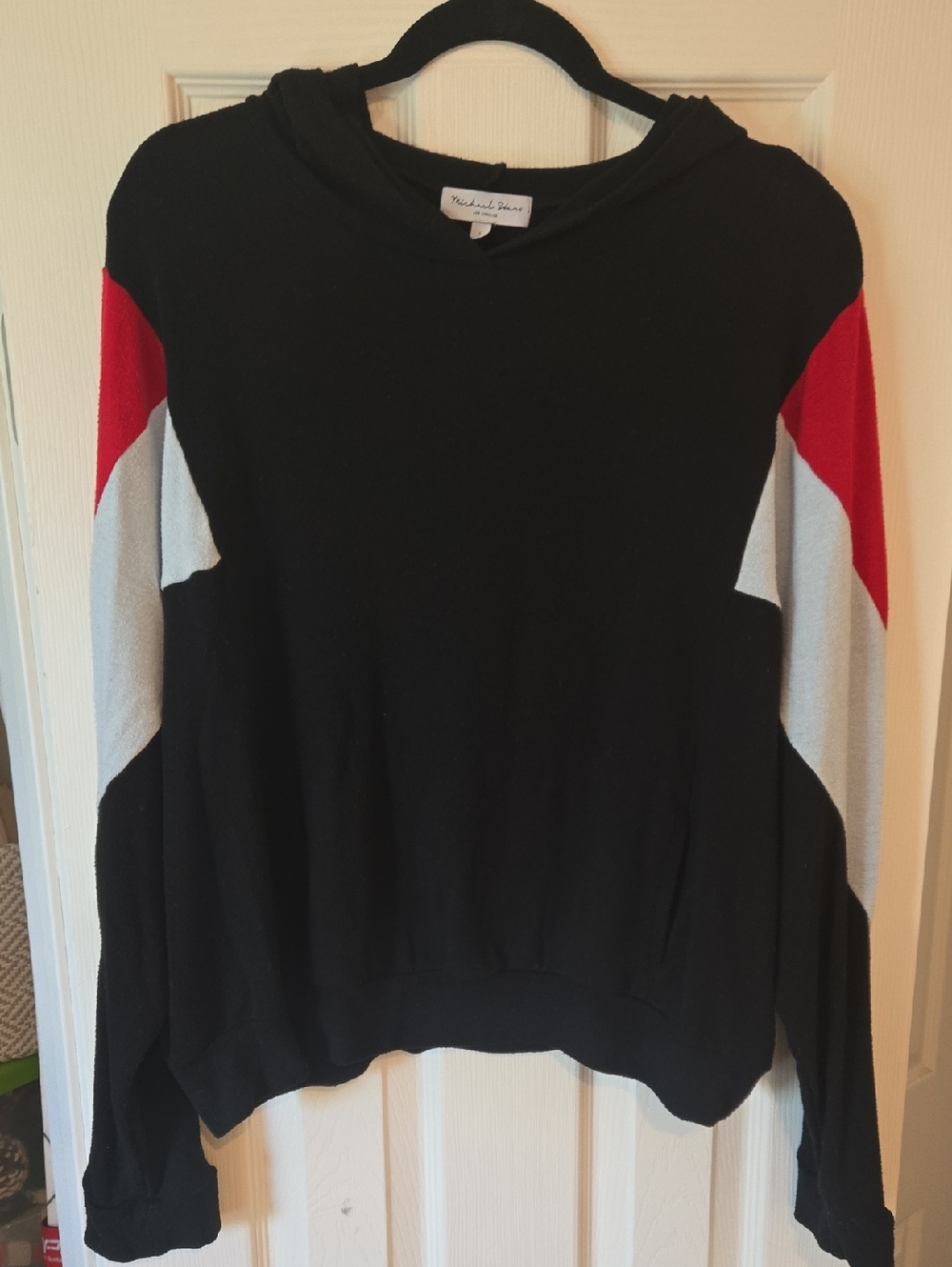 Michael Stars Black Hoodie with Red and Light Gray Sleeve Panels